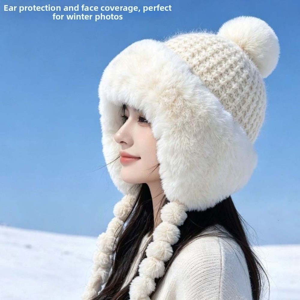 Fleece Lined Pompom Braids Hat - Trapper Hat Ear Flap ulasan dan harga